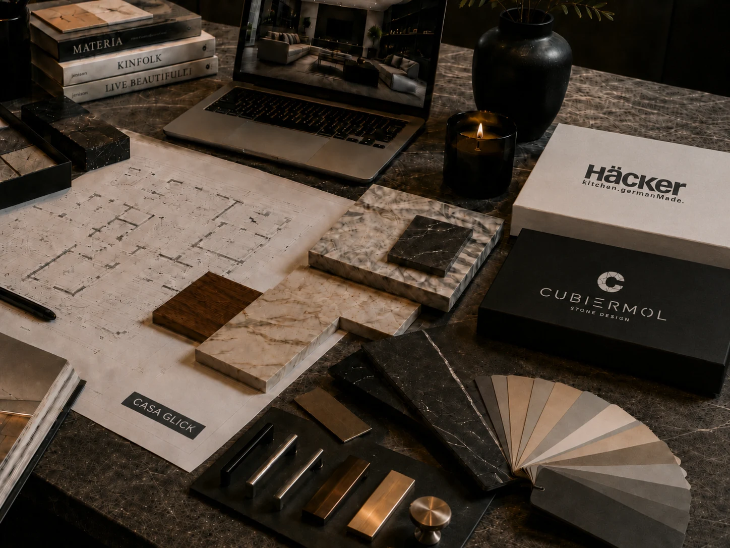 Mesa de trabajo con planos, muestras de materiales y selección de acabados Casa Glick